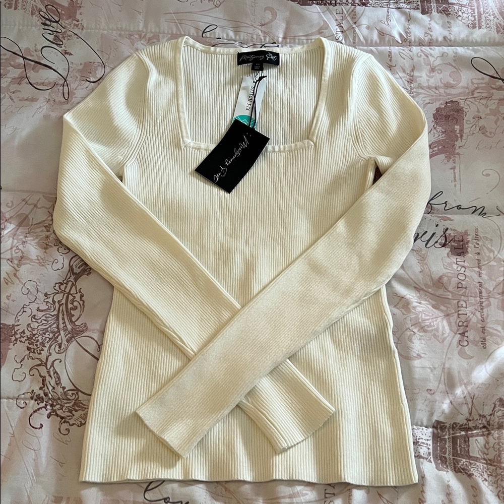 Montgomery Post Ivory Ribbed Square Neck Long Sleeve Top